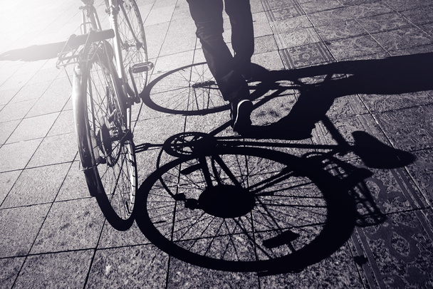 Man Pushing Bicycle, Street Shadow - Fotoğraf, Görsel
