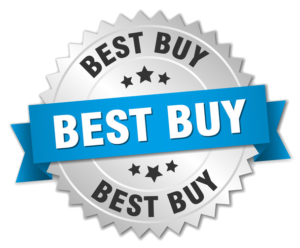 best buy 3d silver badge with blue ribbon - Vector, Image