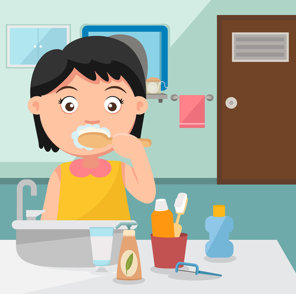 Bir kız banyoda diş fırçalama - Vektör, Görsel