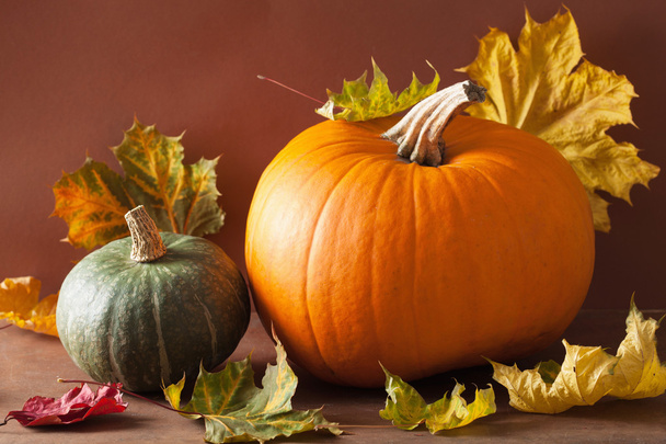 decorative pumpkins and autumn leaves for halloween - Photo, image