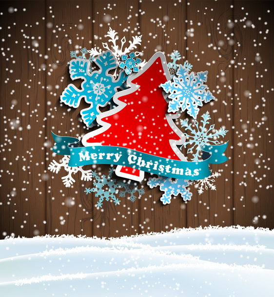 різдвяна тема, абстрактне дерево і сніжинки на дерев'яному фоні, ілюстрація
 - Вектор, зображення