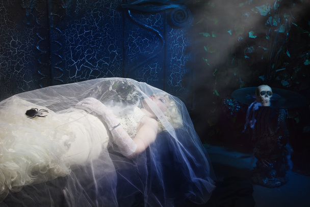Śpiąca Królewna. Pięknej narzeczonej martwe w białej sukni - Zdjęcie, obraz