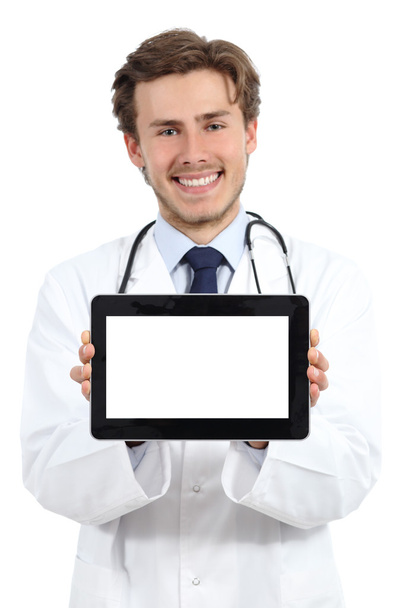 Happy doctor man showing a blank tablet screen software - Foto, Imagem