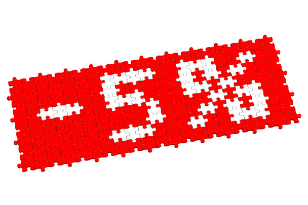 Red puzzle with sign -5% - Zdjęcie, obraz