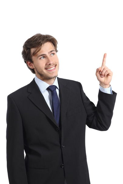 Young happy businessman presenting and pointing at side - Fotoğraf, Görsel