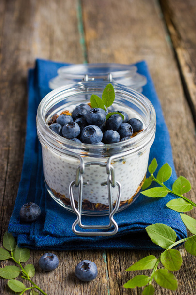 Pudding  with chia seeds, granola andblueberry - Foto, imagen