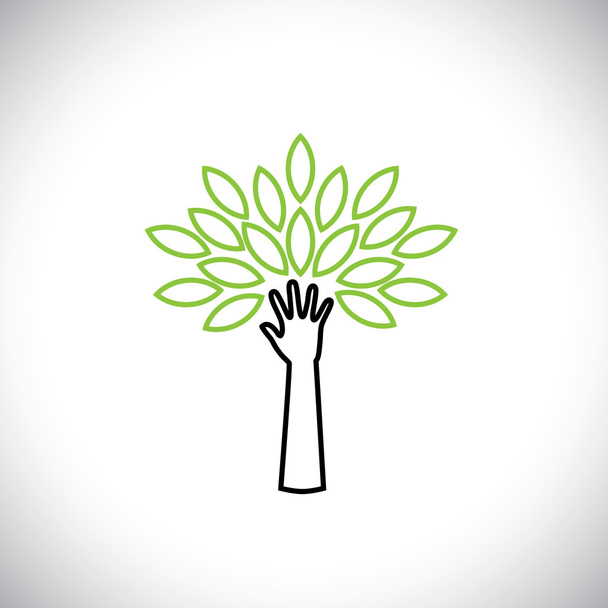 hand & tree line icon with green leaves - eco concept vector - Διάνυσμα, εικόνα
