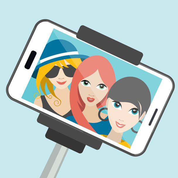 Tres chicas haciendo fotos de selfies de verano. Dibujos animados vectoriales ilustración
. - Vector, imagen