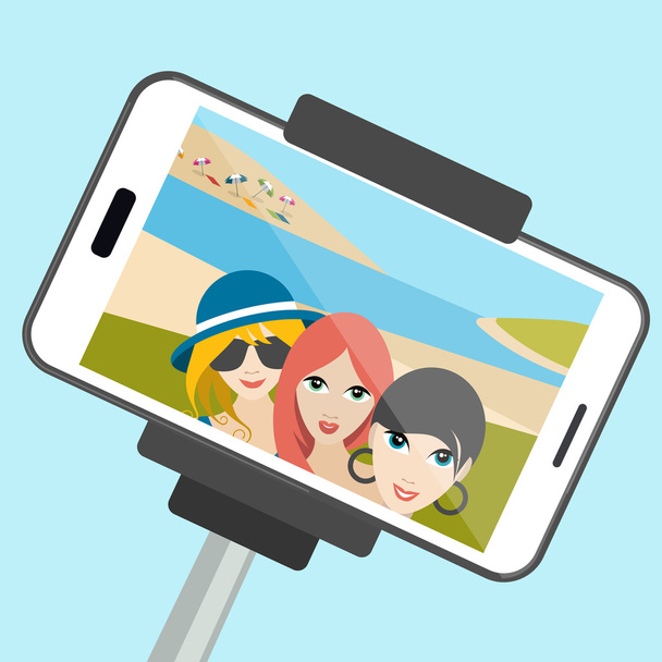 drei Mädchen machen Sommer-Selfie-Foto. Vektor Cartoon Illustration. - Vektor, Bild