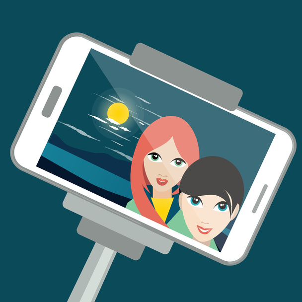 Due ragazze che fanno foto di selfie notturni con la luce della luna. Illustrazione del cartone animato vettoriale
. - Vettoriali, immagini
