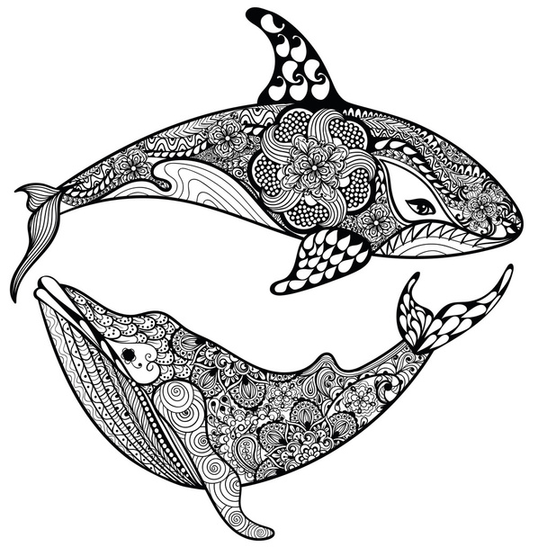 Zentangle estilizado tiburón marino y ballena. Ilustración vectorial dibujada a mano
 - Vector, Imagen