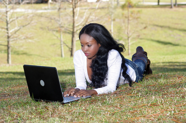 Beautiful Casual Woman Outdoors with Laptop (3) - Fotoğraf, Görsel