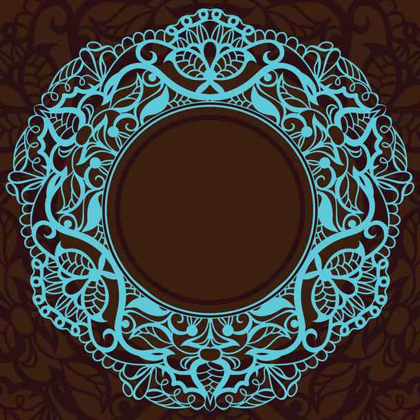 Vintage decorative frame in a square. Turquoise inlay on dark brown backgro - Vector, imagen
