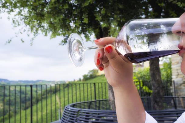 Γυναίκα δοκιμάζοντας ένα ποτήρι κόκκινο κρασί. Έγχρωμη εικόνα - Φωτογραφία, εικόνα