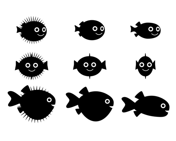 Set of pufferfish, blowfish and globefish silhouette - Vector, Image