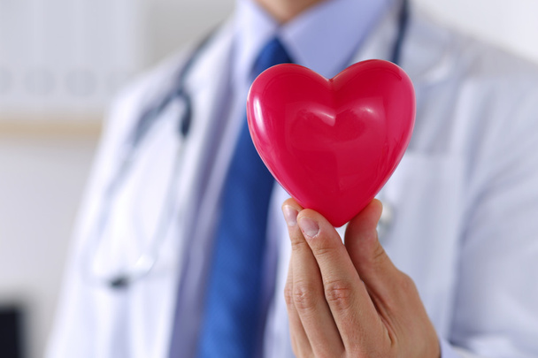 Male medicine doctor hands holding red toy heart - Photo, Image
