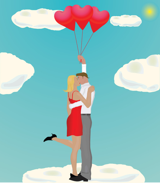 Paar steigt mit Herzballons auf - Vektor, Bild