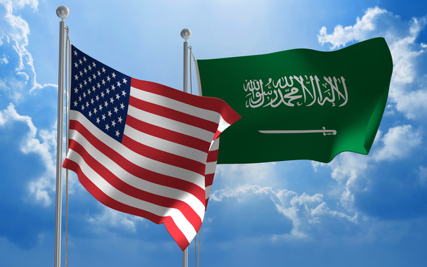 Amerika Birleşik Devletleri ve Suudi Arabistan bayrakları birlikte diplomatik görüşmeler için uçan - Fotoğraf, Görsel