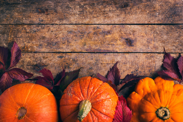 autumn food background with pumpkins and colored leaves - Foto, Imagen