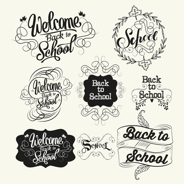 Back to school labels. Lettering and calligraphic design elements. Vector illustration - Vektör, Görsel
