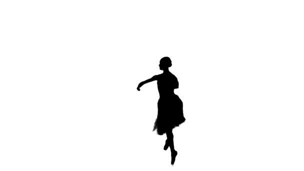 Ballerina making dance trick, fouetter, on white background, silhouette, slow motion - Кадры, видео