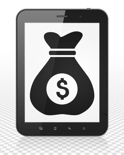 Finance concept: Tablet Pc Computer with Money Bag on display - Zdjęcie, obraz