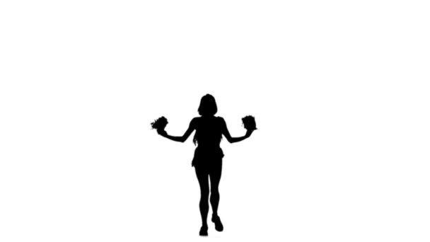красивая девушка чирлидер танцует на белом фоне с помпонами, силуэт, замедленная съемка
 - Кадры, видео