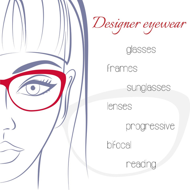 Woman in glasses. Optician consept. Stylish glasses and lenses a - Διάνυσμα, εικόνα