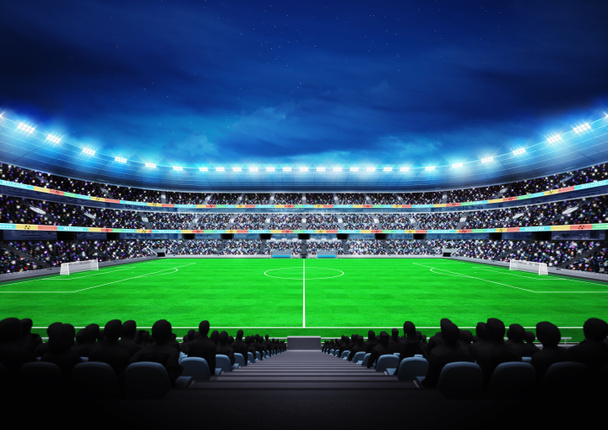 вид на сучасний футбольний стадіон з фанатами на трибунах
 - Фото, зображення