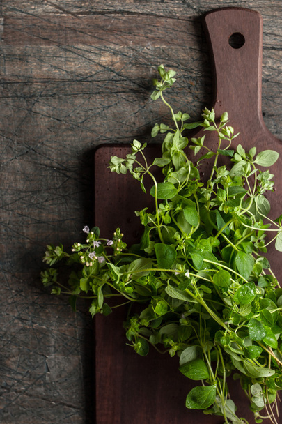 Oregano on the kitchen board on the old dark table vertical - Foto, afbeelding