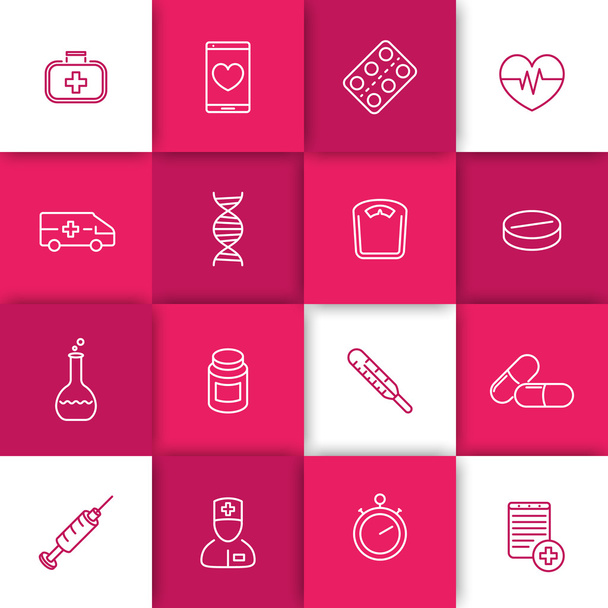 Médecine, soins de santé, pharmaceutique, hôpital, icônes de ligne sur fond géométrique carré
 - Vecteur, image