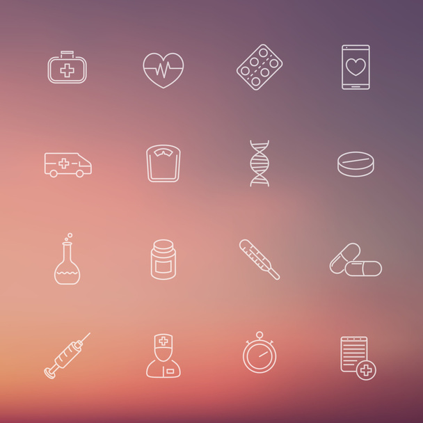Médecine, soins de santé, pharmaceutique, hôpital, icônes de ligne sur fond flou
 - Vecteur, image
