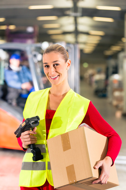 worker holds package in warehouse of forwarding - Fotoğraf, Görsel
