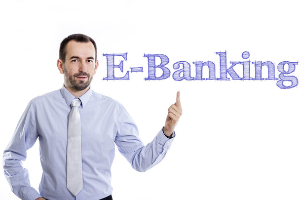 E-Banking - fiatal üzletember, kék szöveggel - Fotó, kép
