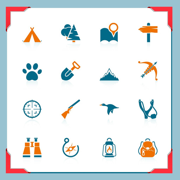Icone da campeggio e da caccia in una serie di cornici
 - Vettoriali, immagini