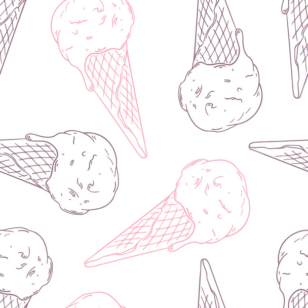 Doodle ice cream in a waffle cone. Outline seamless pattern. Vector illustration - Vetor, Imagem