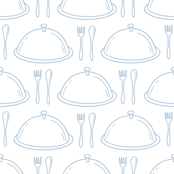 Seamless pattern with hand drawn serve dish. Kitchen background in outline style - Vetor, Imagem