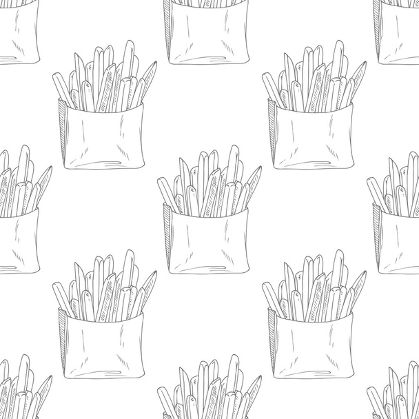 Seamless pattern with hand drawn french fries. Sketched fast food - Vecteur, image