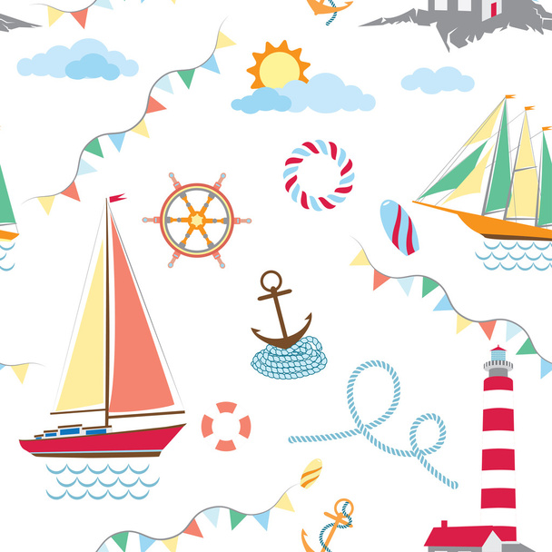 nahtlose marine Textur mit Schiffen und Leuchtturm auf weißem Hintergrund - Vektor, Bild