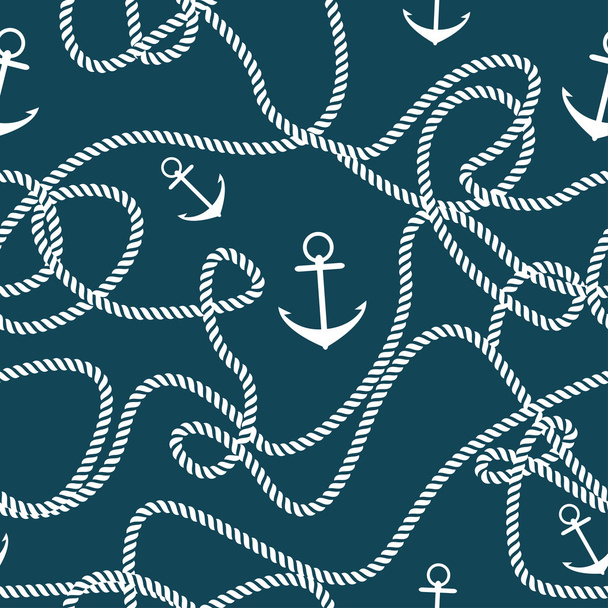 Seamless marine texture with anchors and endless rope blue background - Vector, Image