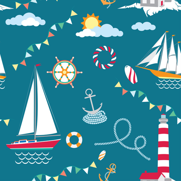 Seamless marine texture with ships and lighthouse on navy blue background - Vektori, kuva