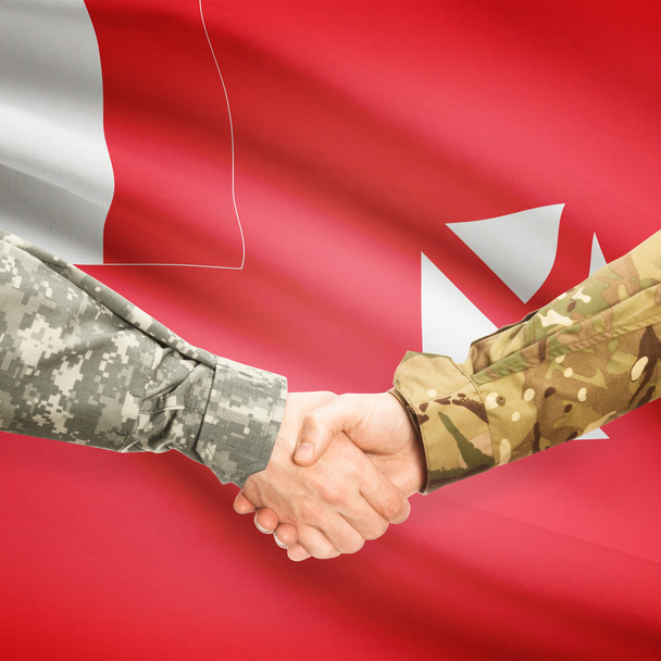 Men in uniform shaking hands with flag on background - Wallis an - Φωτογραφία, εικόνα