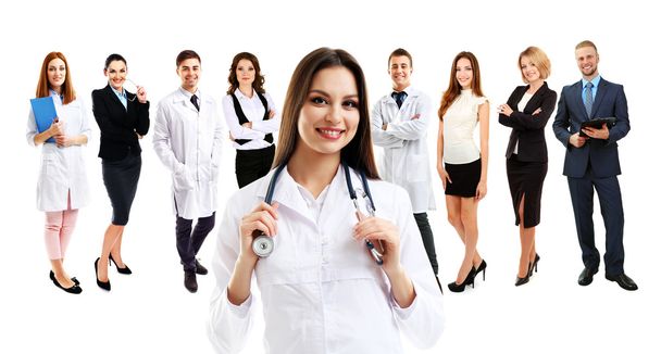 Grupa pracowników służby zdrowia, na białym tle - Zdjęcie, obraz