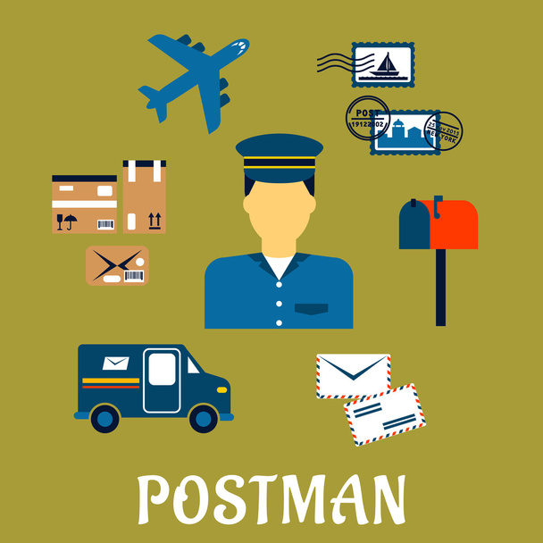 Flat postal icons around a Postman - Vektör, Görsel