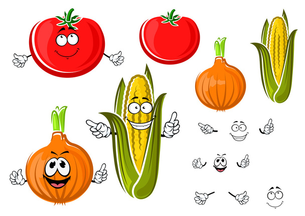 Happy cartoon onion, tomato and corn - Vector, Image