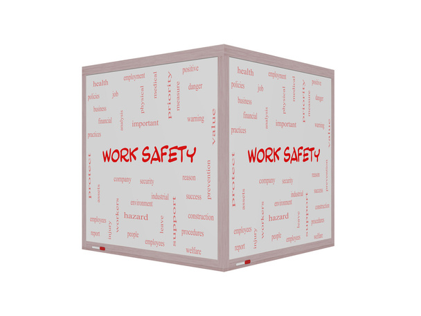 Seguridad en el trabajo Word Cloud Concept en una pizarra 3D
 - Foto, Imagen
