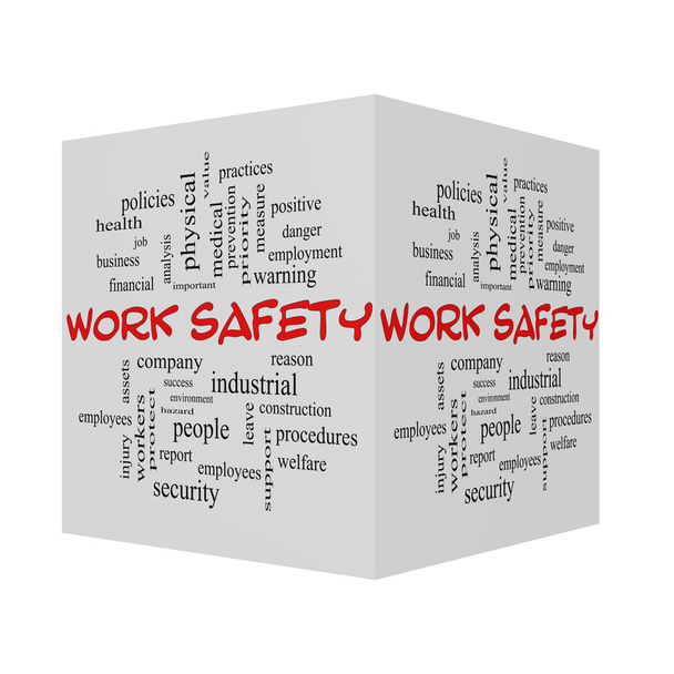 Conceito de nuvem de palavra 3D de segurança de trabalho em tampas vermelhas
 - Foto, Imagem