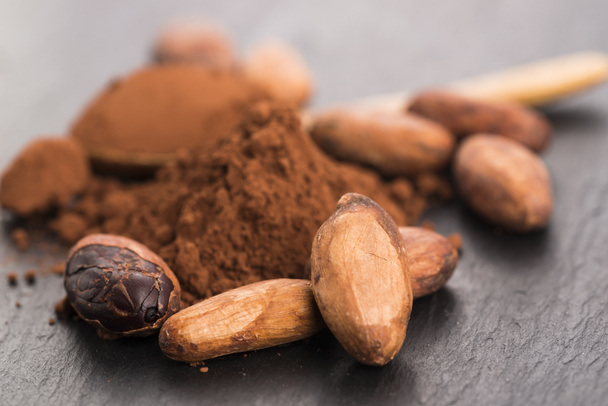 Kakaobohnen und Kakaopulver im Löffel - Foto, Bild