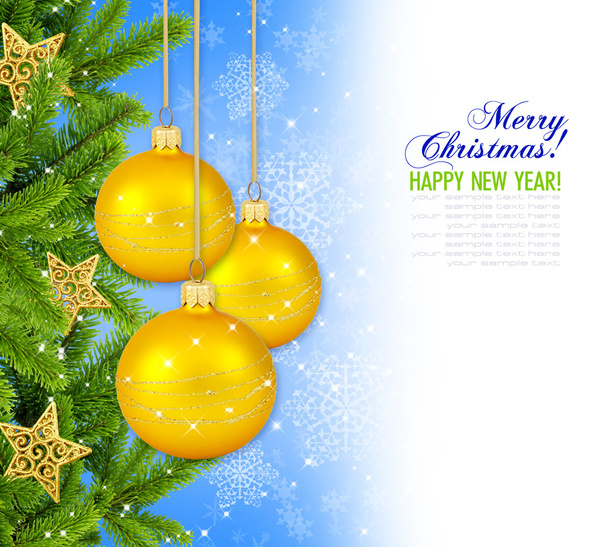 Boules de décoration de Noël en or et pin sur fond bleu wi
 - Photo, image