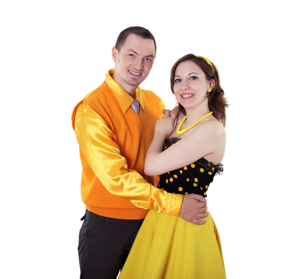 Young dancing couple in bright colour wear - Zdjęcie, obraz